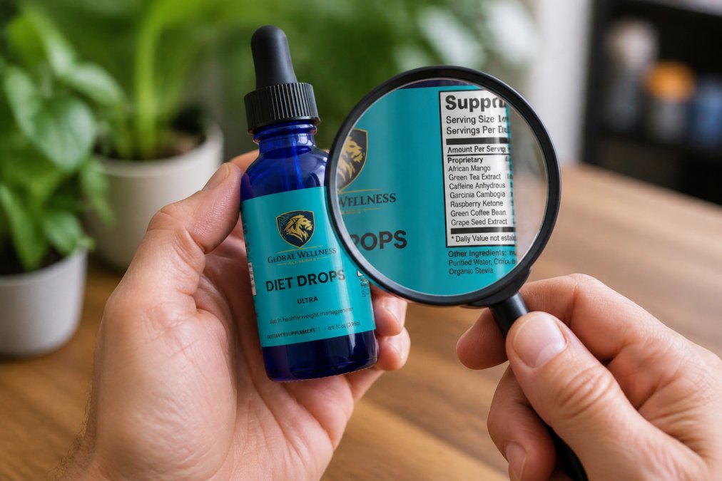 Close-up of hands examining a supplement bottle label with a magnifying glass, showing ingredient list and certification marks in natural lighting