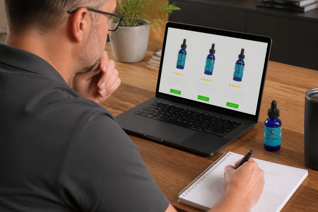Person at a desk reviewing supplement product pages on a laptop with a notepad and pen, comparing options from different retailers