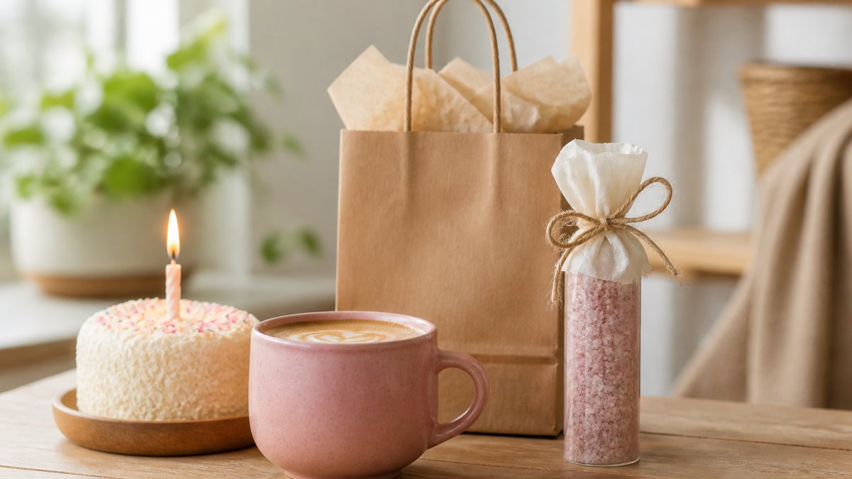 A small boutique gift table with a lit birthday cake candle, a pink cappuccino mug, a kraft gift bag, and a wrapped bath soak tube arranged together in warm daylight