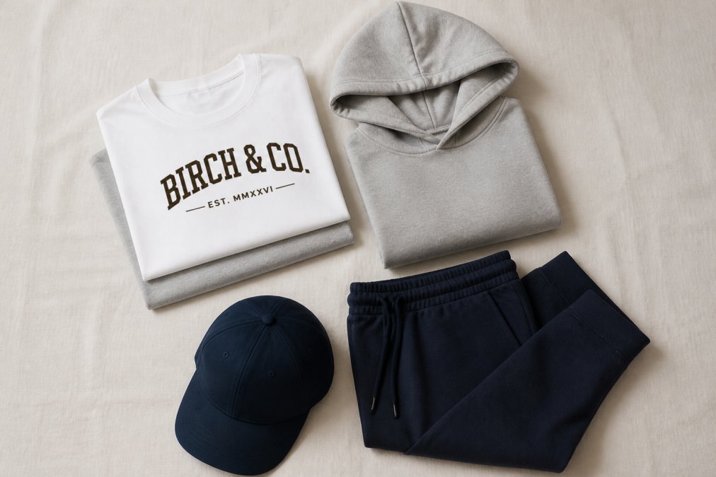 Flat lay of folded essential wardrobe pieces arranged neatly on a light neutral background: stacked Birch & Co. Essential Cotton Tees in white and grey, a folded classic cotton hoodie, navy drawstring joggers, and a flat bill cap, showcasing clean aesthetic and quality materials