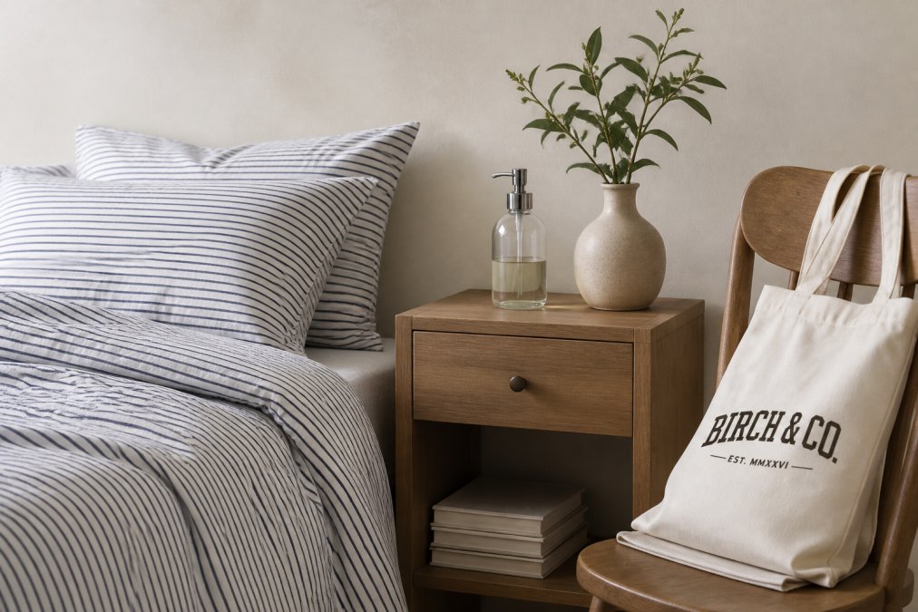 Minimalist bedroom scene with organic percale sheets in navy stripe displayed on bed, a glass foaming soap dispenser on wooden nightstand, and a folded organic cotton tote bag draped over chair, emphasizing clean aesthetic and natural materials in soft natural lighting