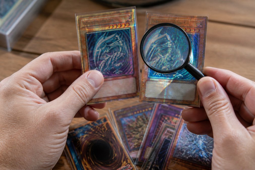 Close-up of hands holding and examining trading cards under natural light, comparing authentic holographic patterns with magnifying glass, showing set symbols and collector numbers in detail