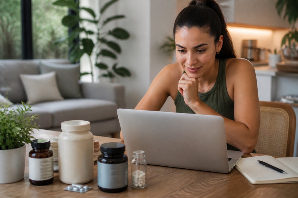 Person shopping on a laptop at home with wellness products and supplements visible on desk, researching transparent brands while sitting in natural light