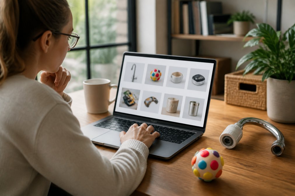 A person sitting at a bright home desk browsing a curated online store on a laptop, with a rotatable faucet extender and a colorful pet toy ball visible on the wooden surface nearby, warm natural window light