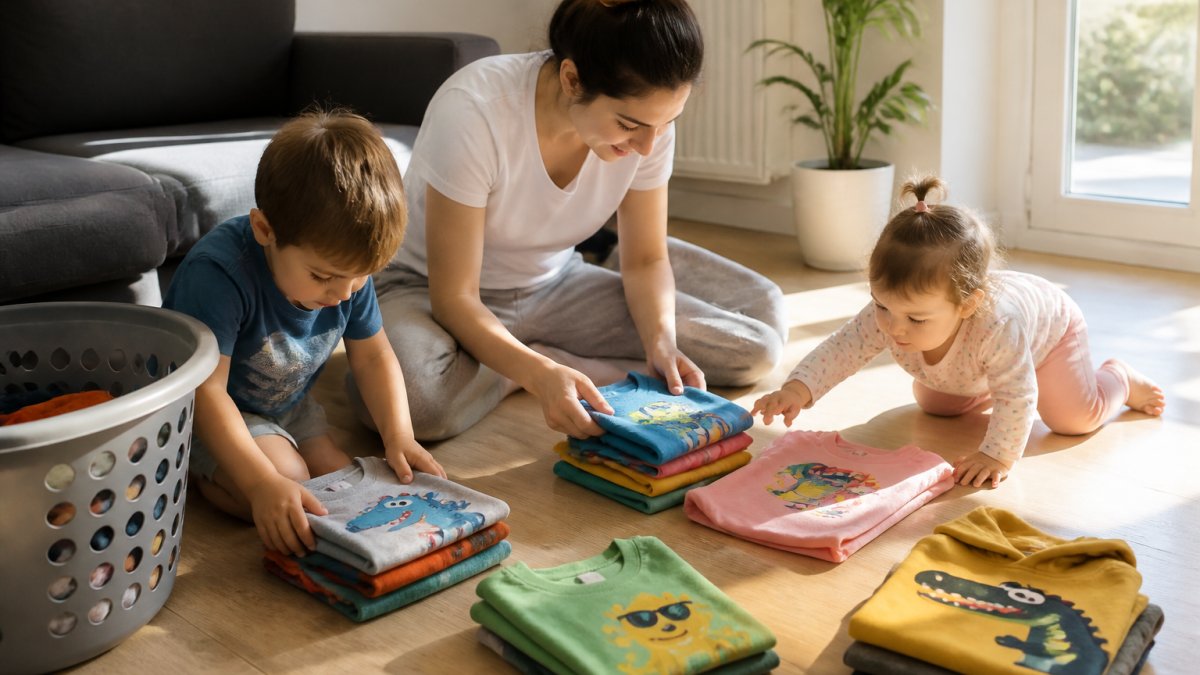 A parent and two young children folding colorful graphic tees and a hoodie on a light wooden floor, laundry basket nearby, a toddler reaching for a bright shirt in soft afternoon light