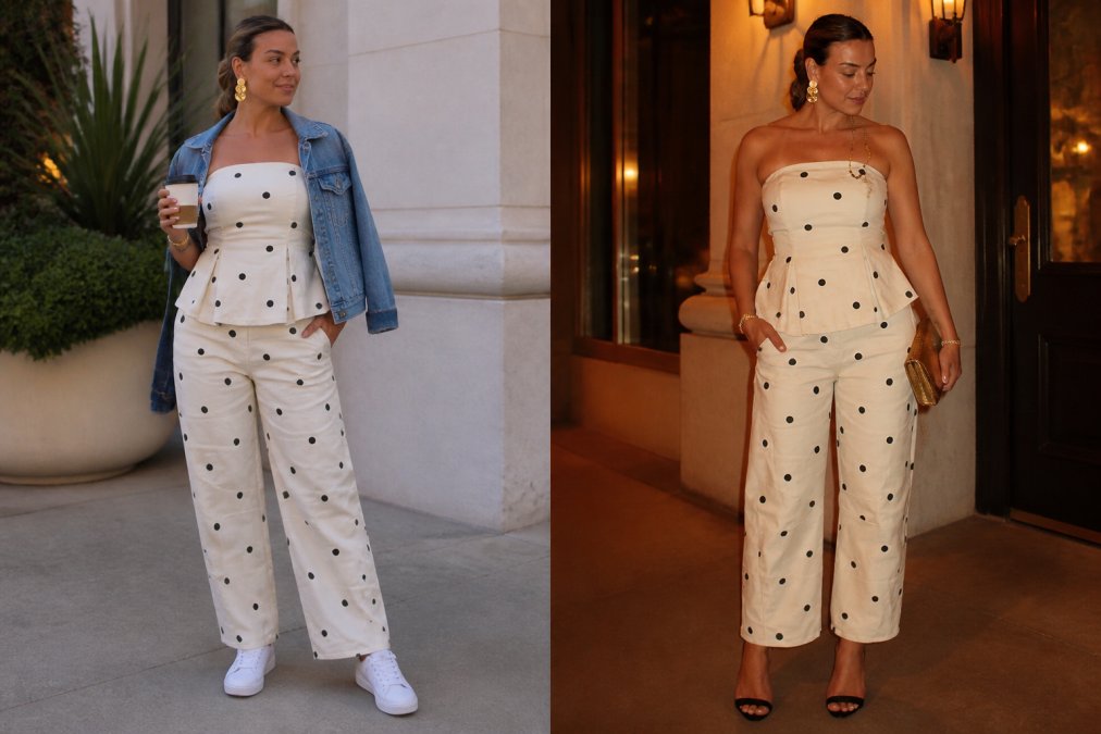 Woman in a striped matching set styled casually during daytime with white sneakers and a denim jacket, then the same set accessorized with heeled sandals, statement jewelry, and an evening bag for night, split-scene comparison showing transformation