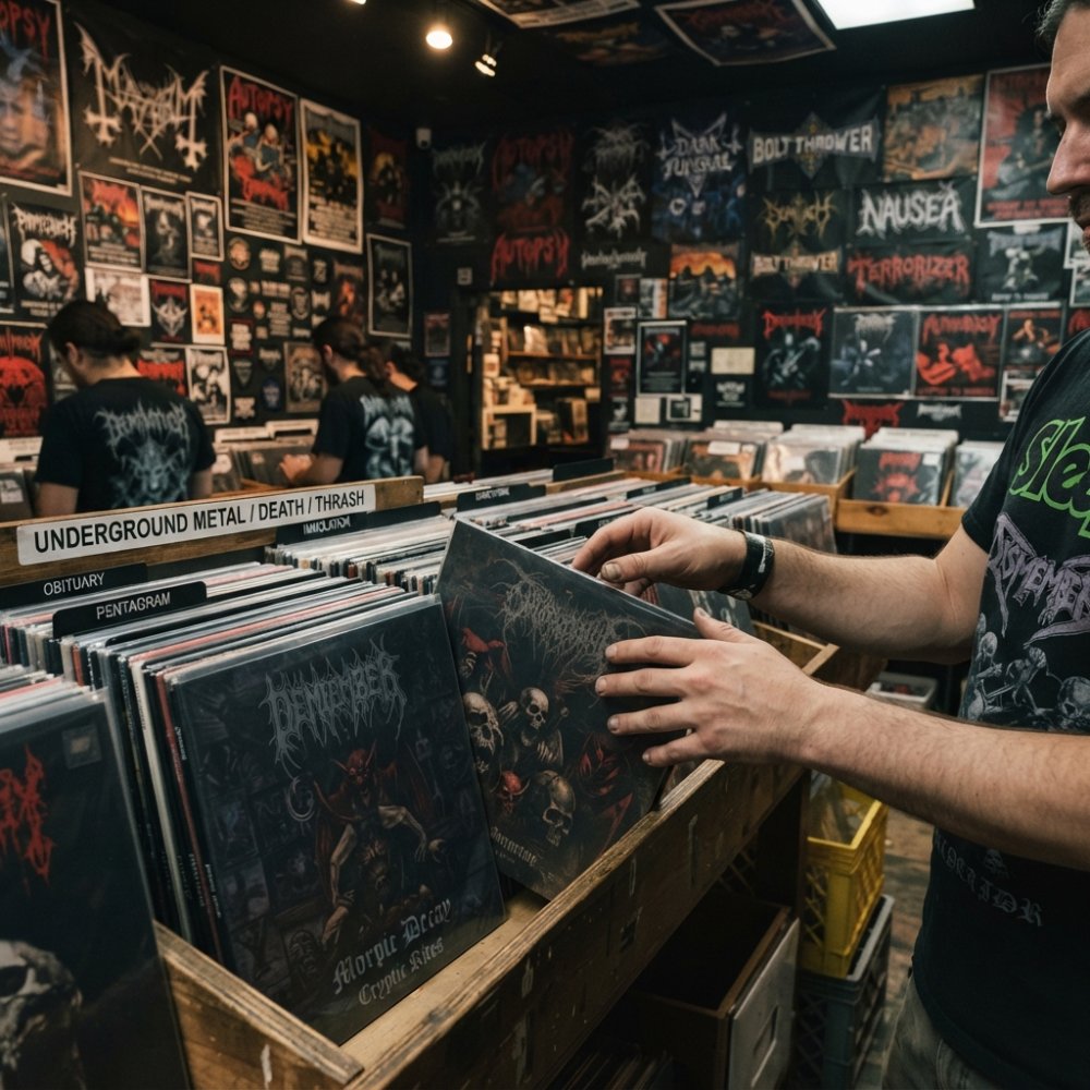 Hands browsing vinyl records on a shelf in a record shop, with metal band posters and album artwork visible in the background