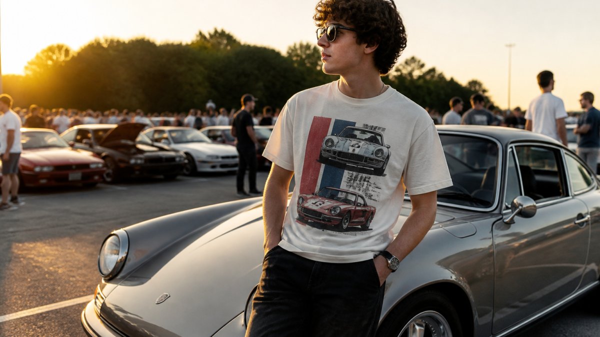 A young car enthusiast wearing a vintage racing t-shirt standing beside a classic sports car at an outdoor car meet, golden hour lighting