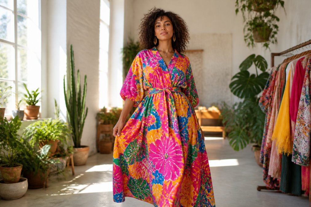 A woman wearing a vibrant, boldly printed dress with rich saturated colors, standing confidently in a bright, airy studio with warm natural light streaming through tall windows