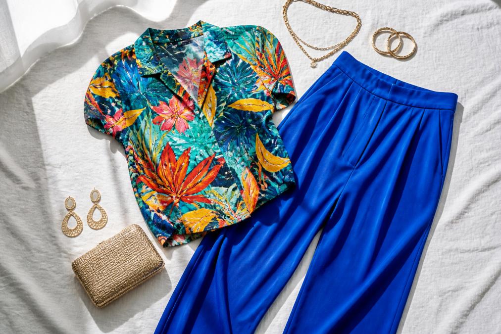Flat lay of colorful clothing pieces on a white linen surface, a bold tropical-print top, solid cobalt blue wide-leg trousers, and gold accessories arranged to show a complete outfit combination in bright natural light