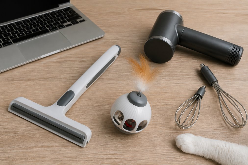 A flat-lay photo on a light wood desk showing a cordless hand mixer, a pet hair removal broom, and a small interactive cat toy arranged neatly beside a laptop