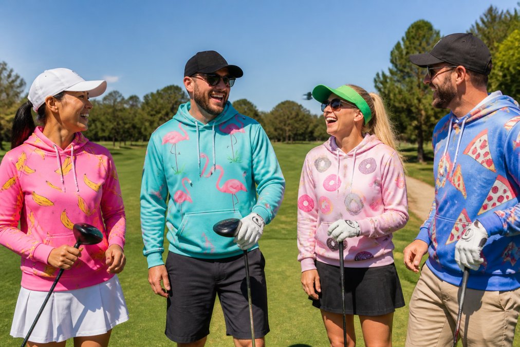 A group of weekend golfers wearing colorful, humorous golf hoodies and caps on the course, laughing together near the tee box on a sunny afternoon