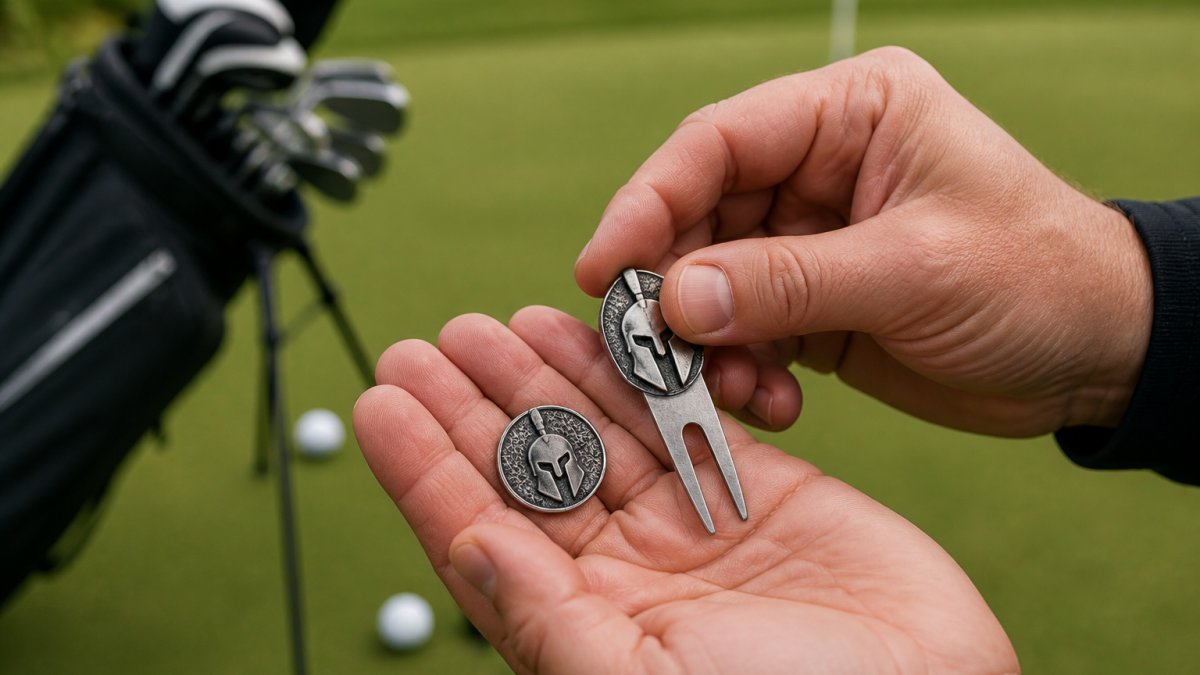 Hands holding a handcrafted metal divot tool and ball marker, a pair of unique golf gifts on a putting green.