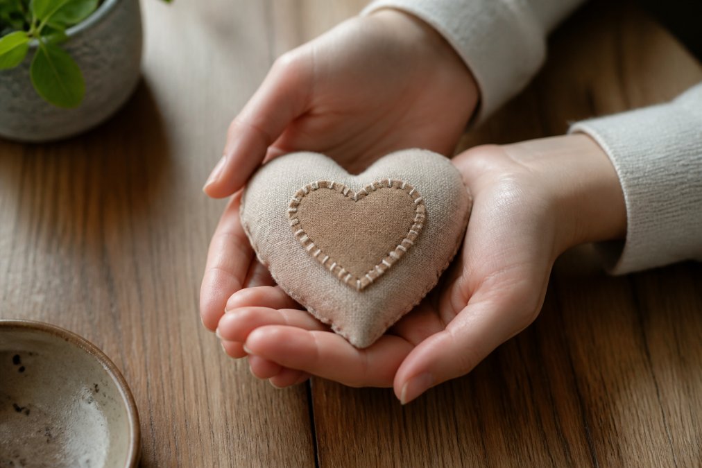 Close-up of a pair of hands holding a small, hand-finished fabric keepsake with a stitched heart, resting on a wooden table with soft natural light