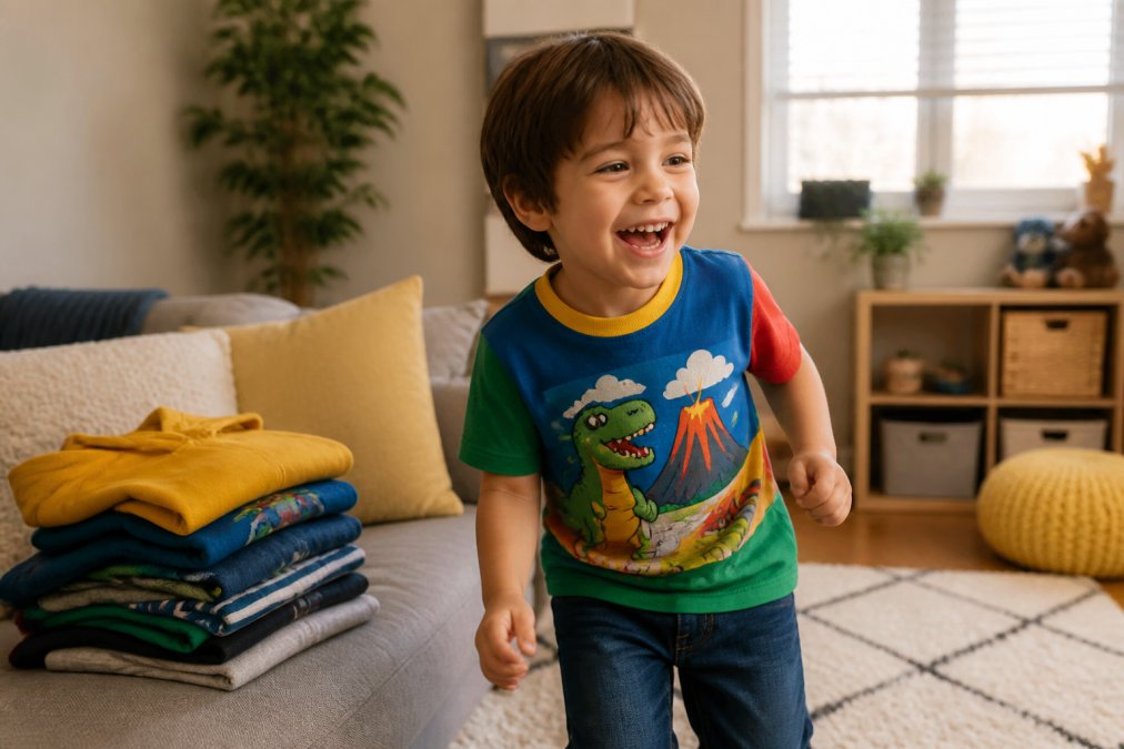 A young child wearing a bright, colorful graphic t-shirt and jeans, laughing while playing in a sunlit living room, with folded kids' hoodies and tees stacked nearby on a sofa