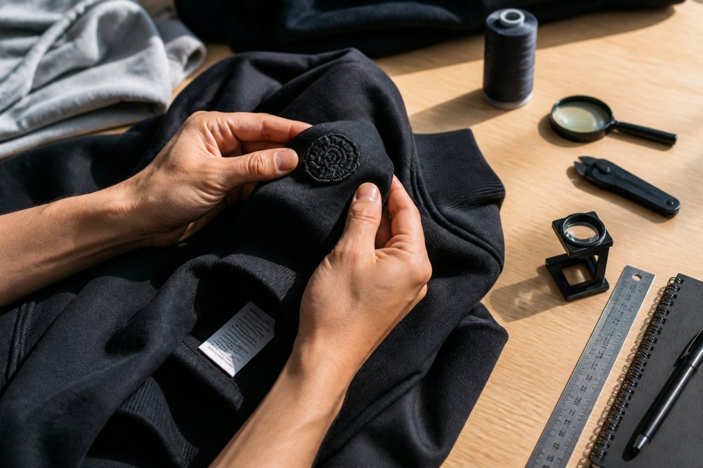 Hands carefully examining clothing details including stitching patterns, embroidered logos, fabric texture, and care label printing on a streetwear garment under bright natural light