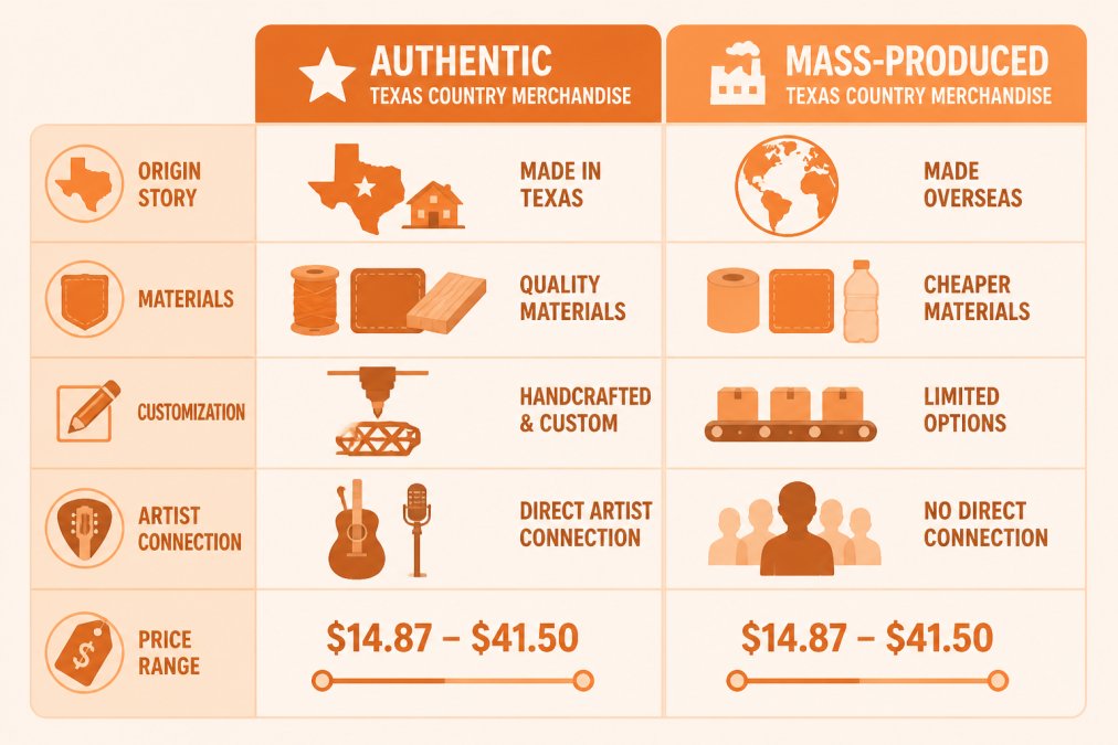 Comparison matrix of authentic vs. mass-produced Texas country merchandise across origin story, materials, customization, artist connection, and price range from $14.87 to $41.50