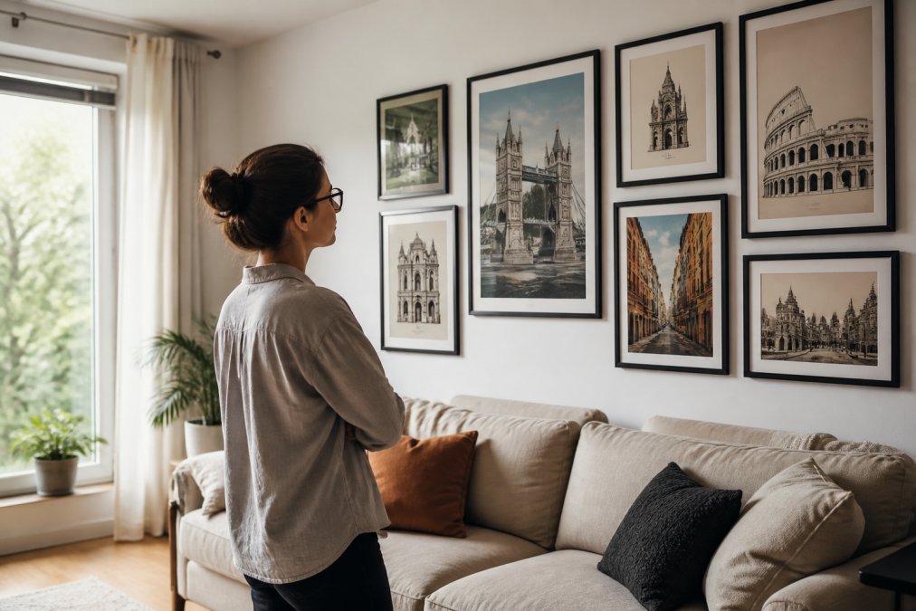 A bright modern living room with a cream sofa, where a person stands back admiring a gallery wall of framed travel posters including a retro Tower Bridge print and a minimalist Colosseum line drawing, natural daylight from a large window