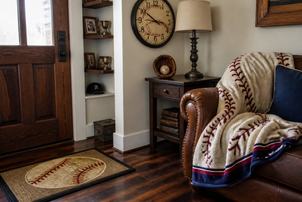 A cozy living room corner featuring a vintage baseball doormat at the entryway, a plush throw blanket draped over a sofa, and a retro wall clock above a side table