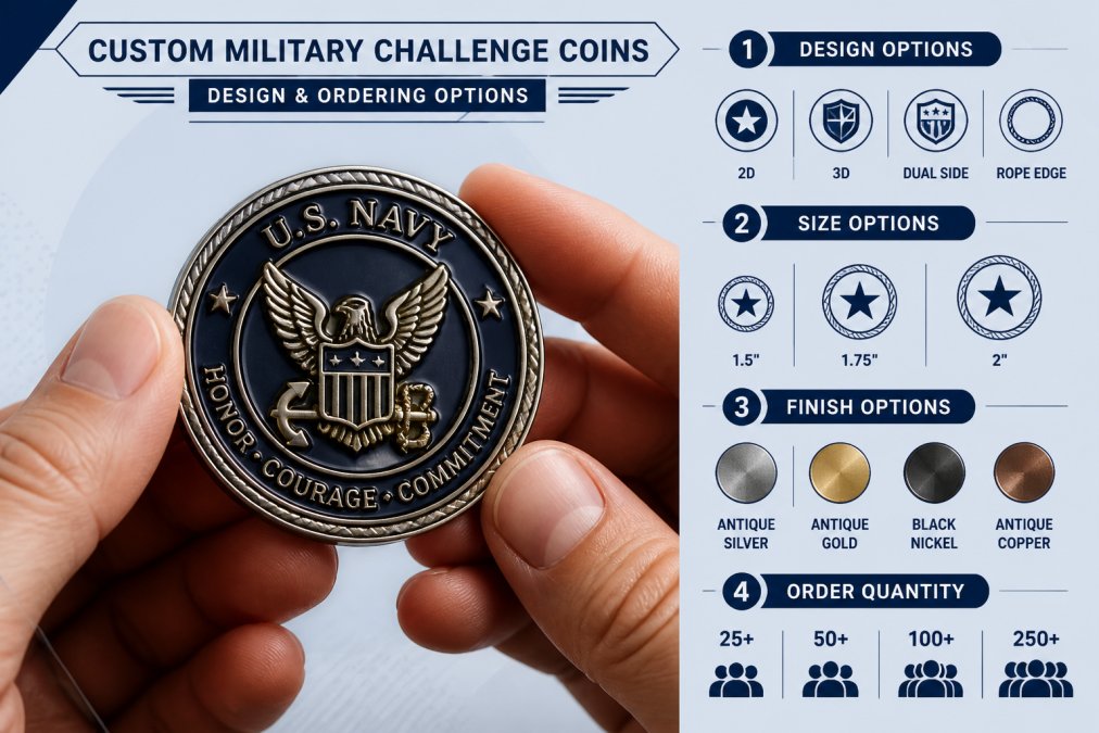 Close-up of hands holding a custom military challenge coin, showing detailed embossed insignia and metallic finish under natural light