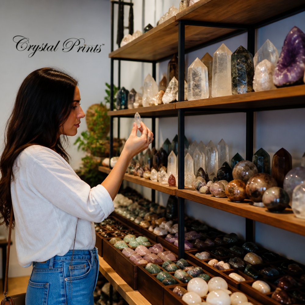 Customer examining a piece of USA made crystals while browsing a shelf filled with polished stones and quartz