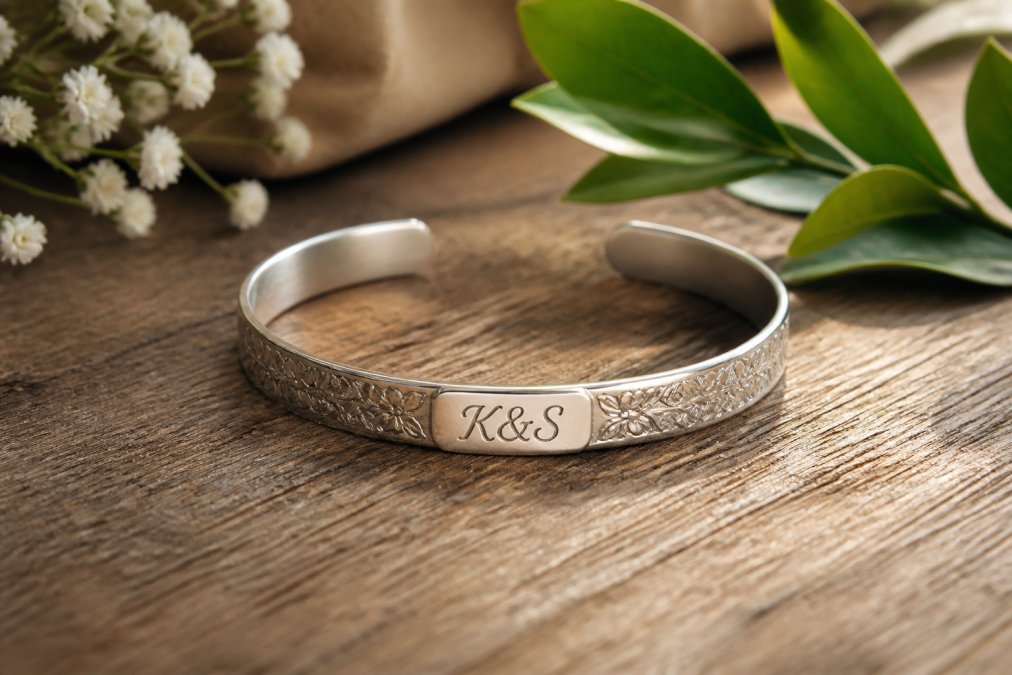 Close-up of a personalized engraved bracelet with initials displayed on a wooden surface, soft natural light highlighting the metalwork detail