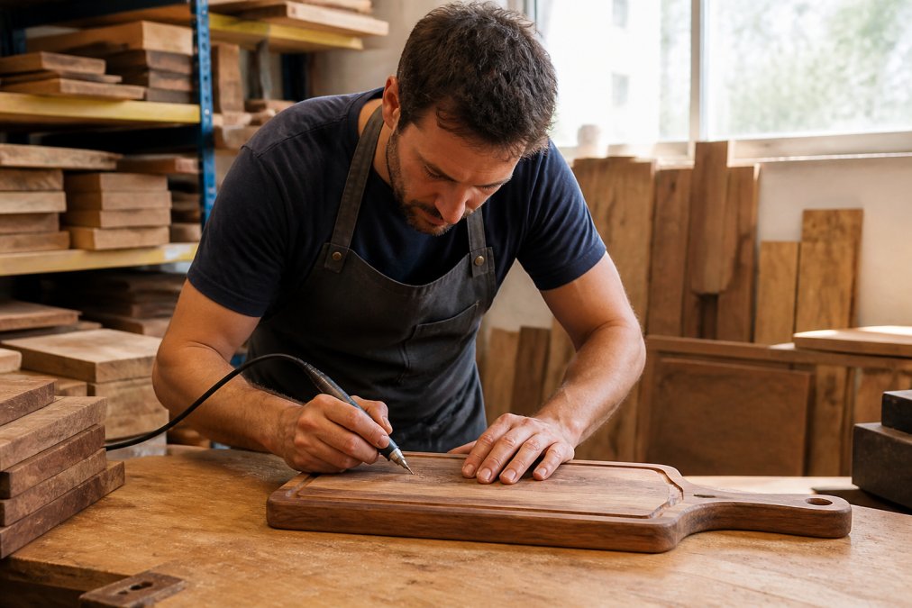 Artisan woodworker carefully hand-engraving a personalized cutting board in a bright California workshop, with visible stacks of American hardwood