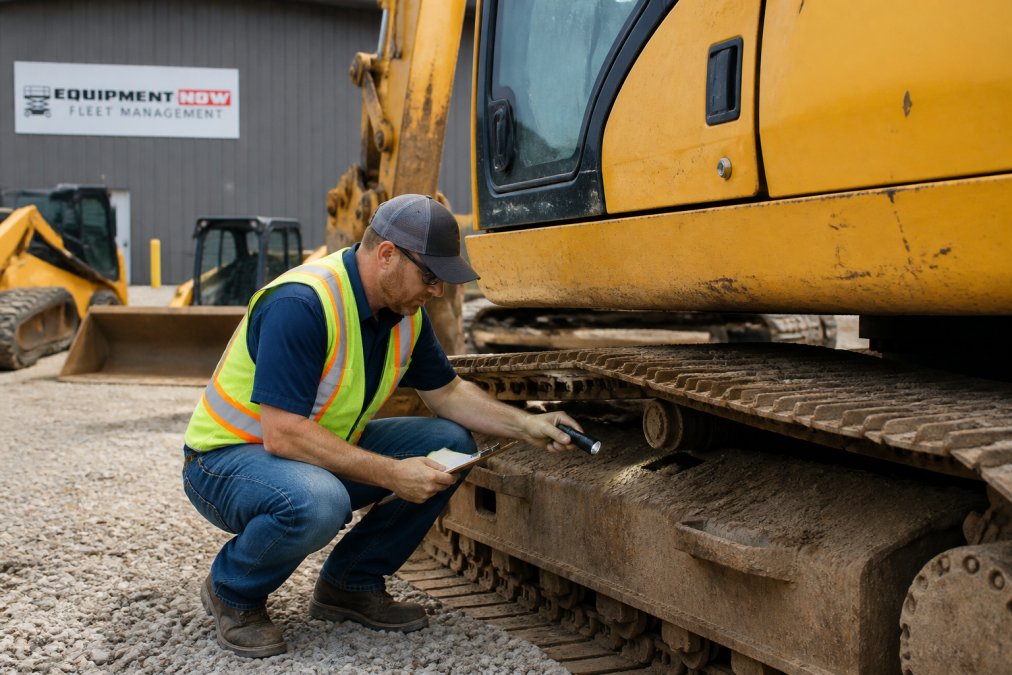 A contractor in work clothes and safety vest crouching beside a used excavator on a gravel lot, inspecting the undercarriage with a flashlight and clipboard in hand, engine hours visible on the machine display