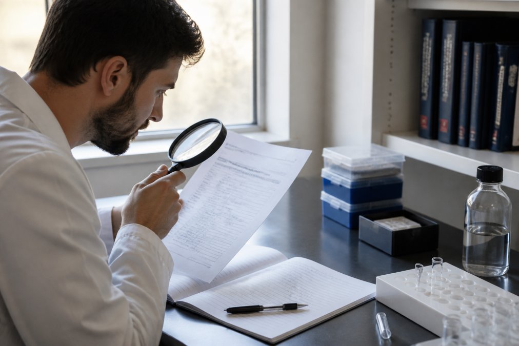 Professional researcher examining a printed certificate of analysis at a laboratory bench with a magnifying glass and detailed notebook, natural window lighting illuminating the document