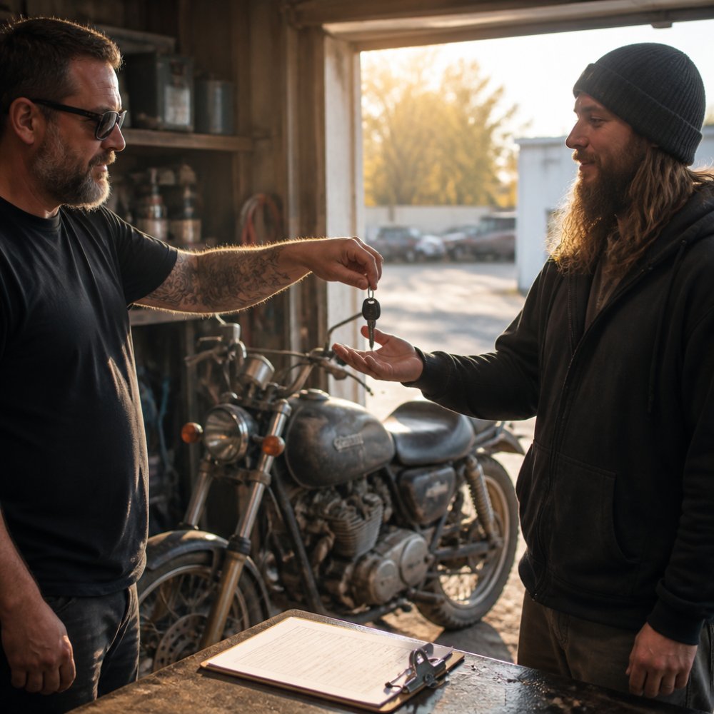 A rider handing over motorcycle keys to a charity volunteer in a cluttered garage, dusty old bike in the background, clipboard on a workbench, afternoon light through an open door