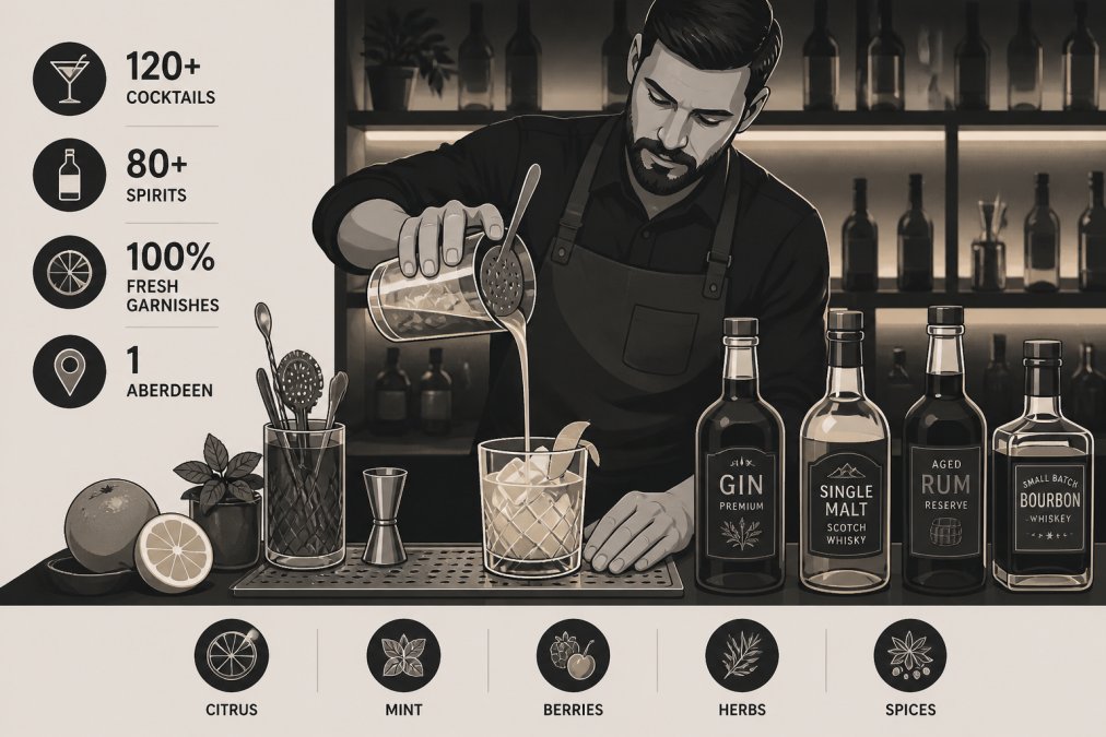 Bartender pouring a craft cocktail with precision over ice, bottles of premium spirits and fresh citrus garnishes visible on the bar counter, warm amber lighting highlighting the drink preparation