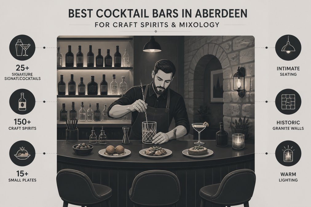 Intimate bar seating with warm lighting, bartender crafting a cocktail, small plates arranged on the counter, historic granite walls visible in background