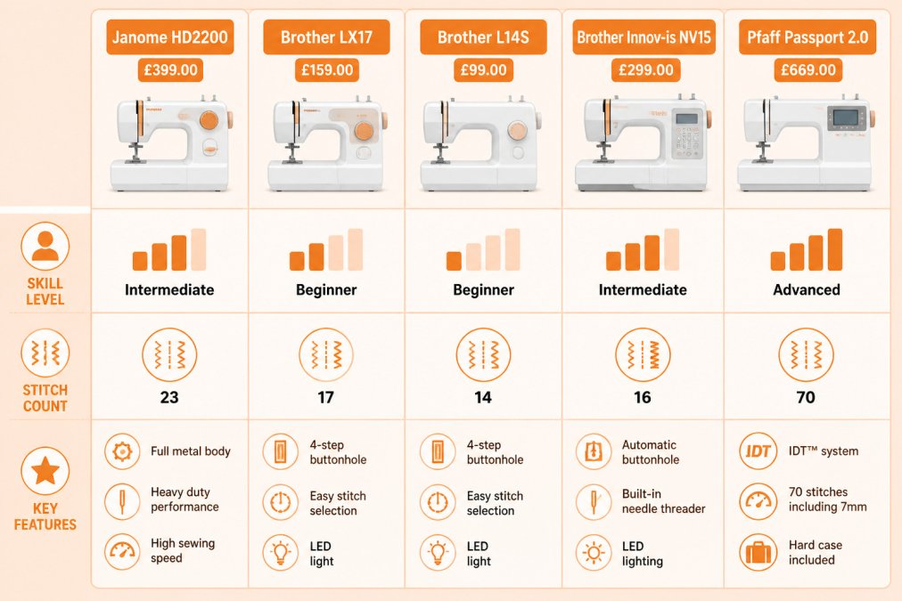 Comparison table detailing skill levels, stitch counts and prices for five different sewing machines.