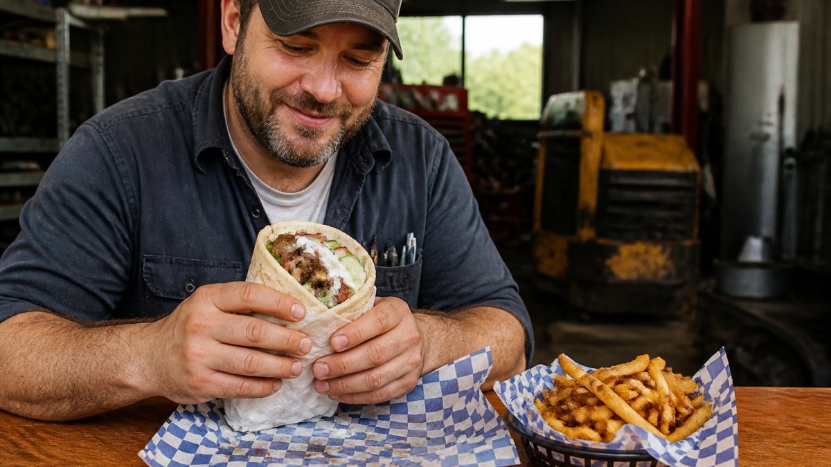 Infographic process showing ingredients for an affordable lunch Woodbine gyro wrap with fresh tzatziki sauce