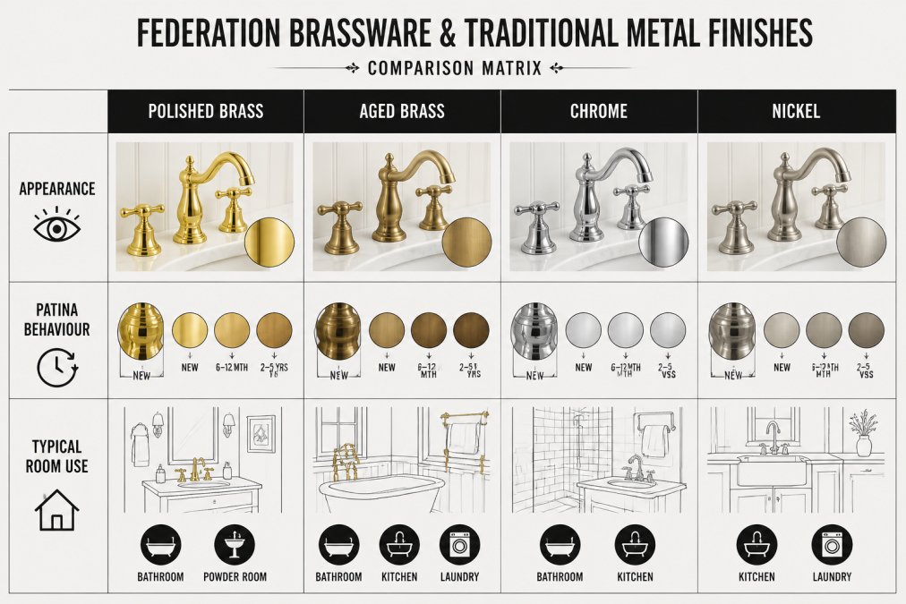 Comparison matrix of metal finishes for federation hardware, including polished brass, aged brass, chrome, and nickel.