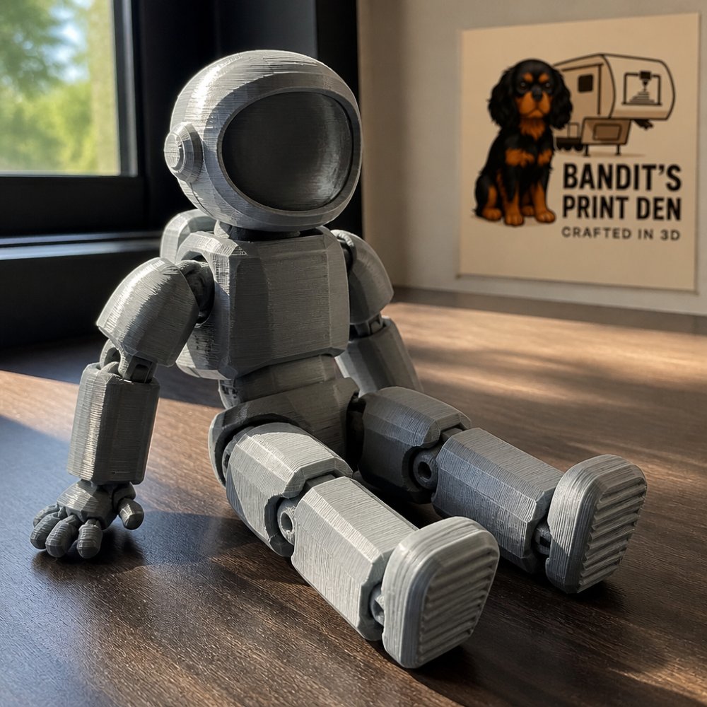 Close-up of a detailed 3D-printed articulated figure on a wooden desk with natural morning light, showing intricate layer detail and smooth finish