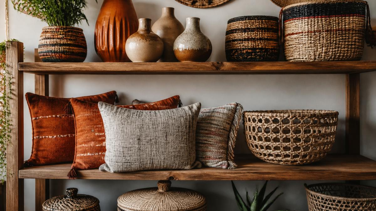 Styled wooden shelf displaying a curated collection of handcrafted home accessories including ceramic vases in earth tones, woven baskets in natural fibers, decorative throw pillows in fall colors, and metal wall accents arranged together to show texture and color harmony