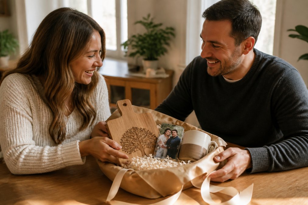 A warm, sunlit tabletop scene showing a personalized engraved wooden cutting board, a custom photo phone case, and a monogrammed mug arranged as a gift set with ribbon and kraft paper