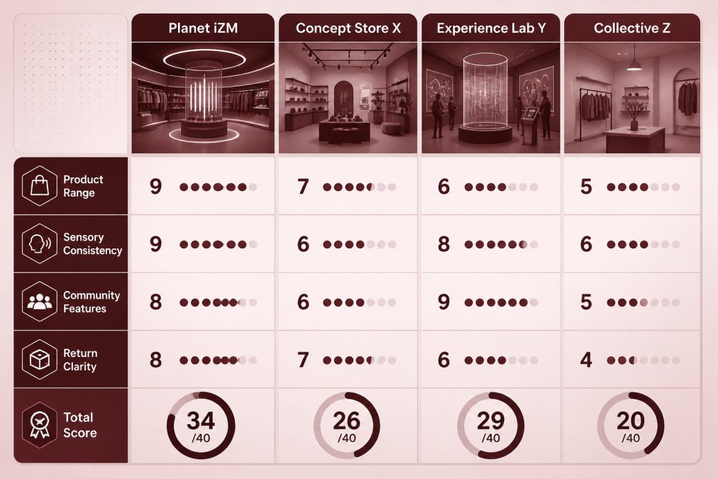 Comparison matrix scoring four immersive lifestyle brands by product range, sensory consistency, and community features.