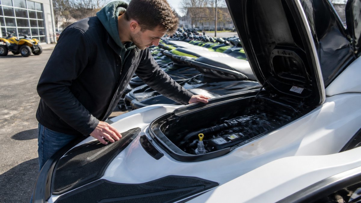 Buyer inspecting the hull and engine of a jet ski for sale at a sunny New Jersey dealership lot