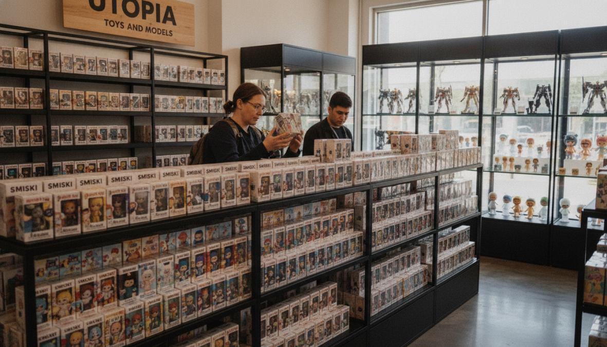 Collector examining sealed blind box packages on retail shelf displaying Pop Mart, Sonny Angel, and Smiski brands with organized product rows