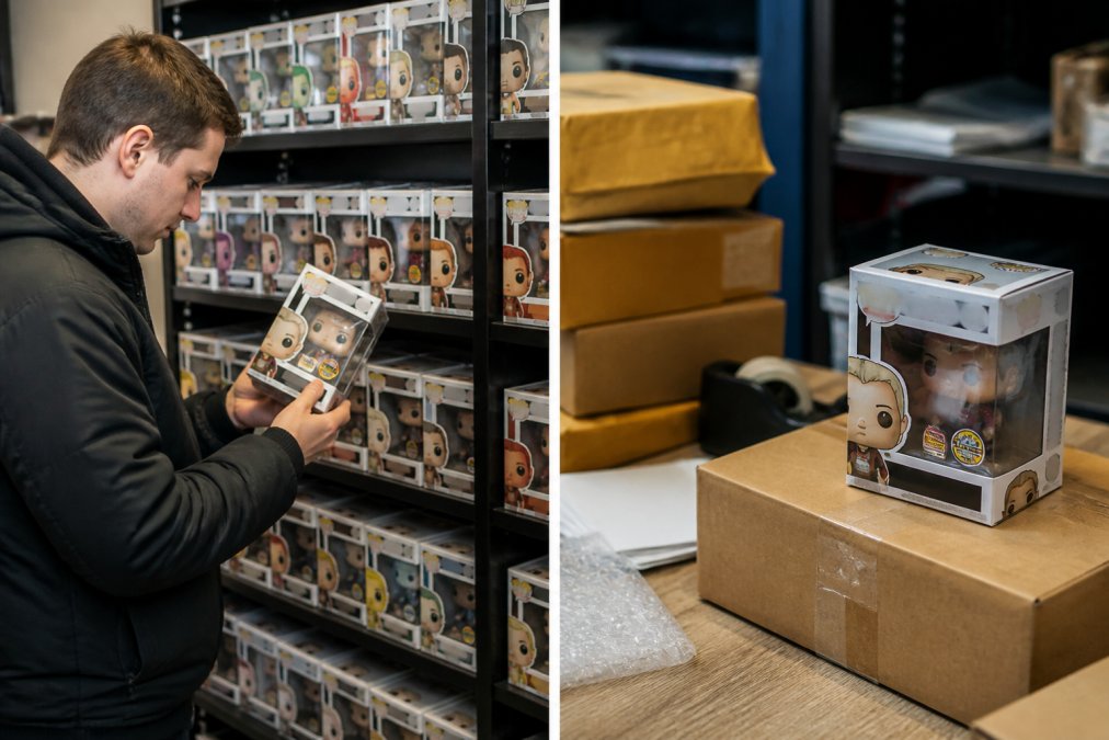 Collector holding a Funko Pop with a rare chase figures sticker in a UK hobby shop
