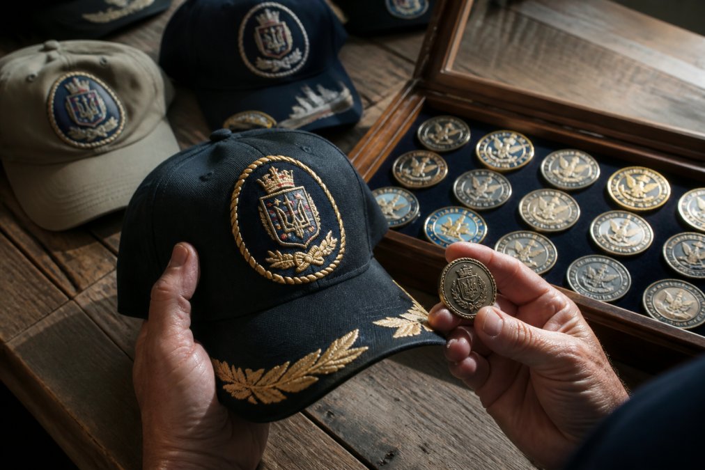 Hands carefully holding and examining embroidered ship crest caps and challenge coins, displaying fine detail of stitching and naval insignia on a wooden collector's display surface with natural side lighting