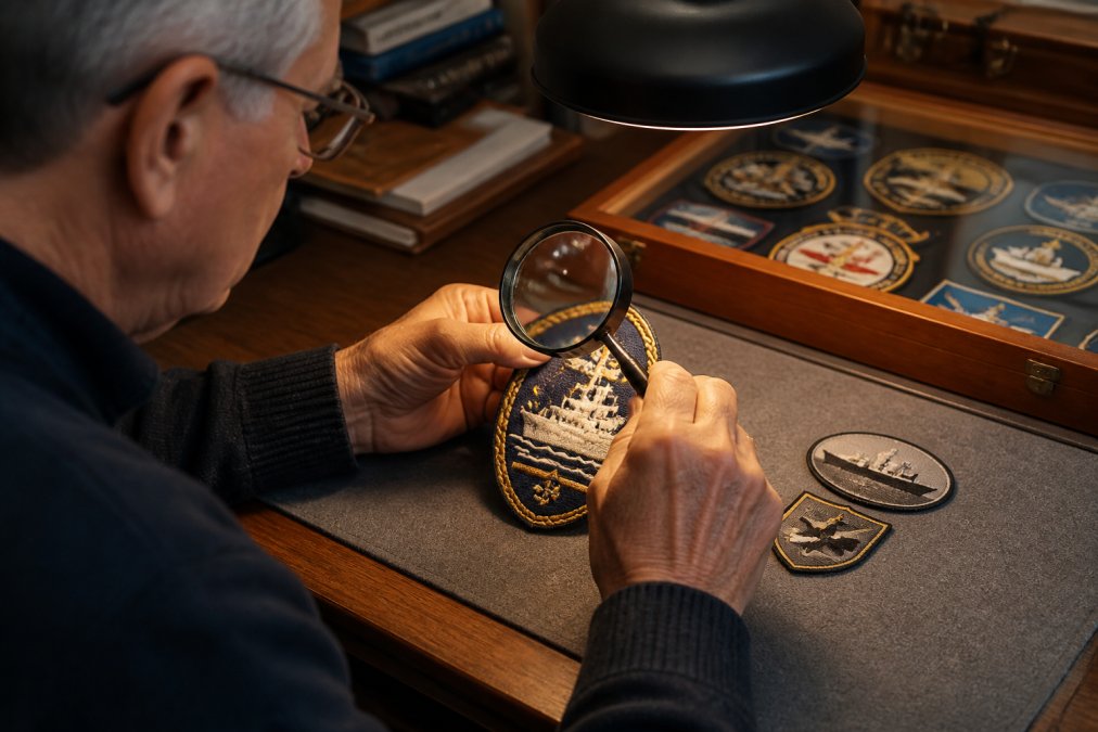 Collector examining a ship crest under a magnifying glass, carefully inspecting embroidery quality and stitching detail on a well-lit work surface with focused overhead lighting
