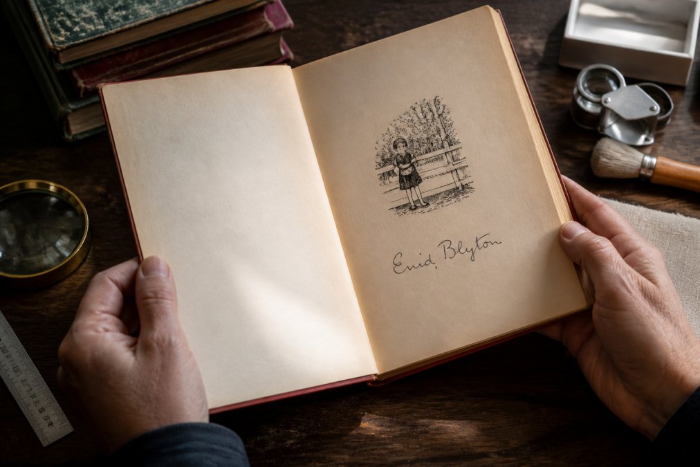 Close-up of hands holding an open vintage children's book, examining the author's signature on the title page with natural light highlighting the inscription details