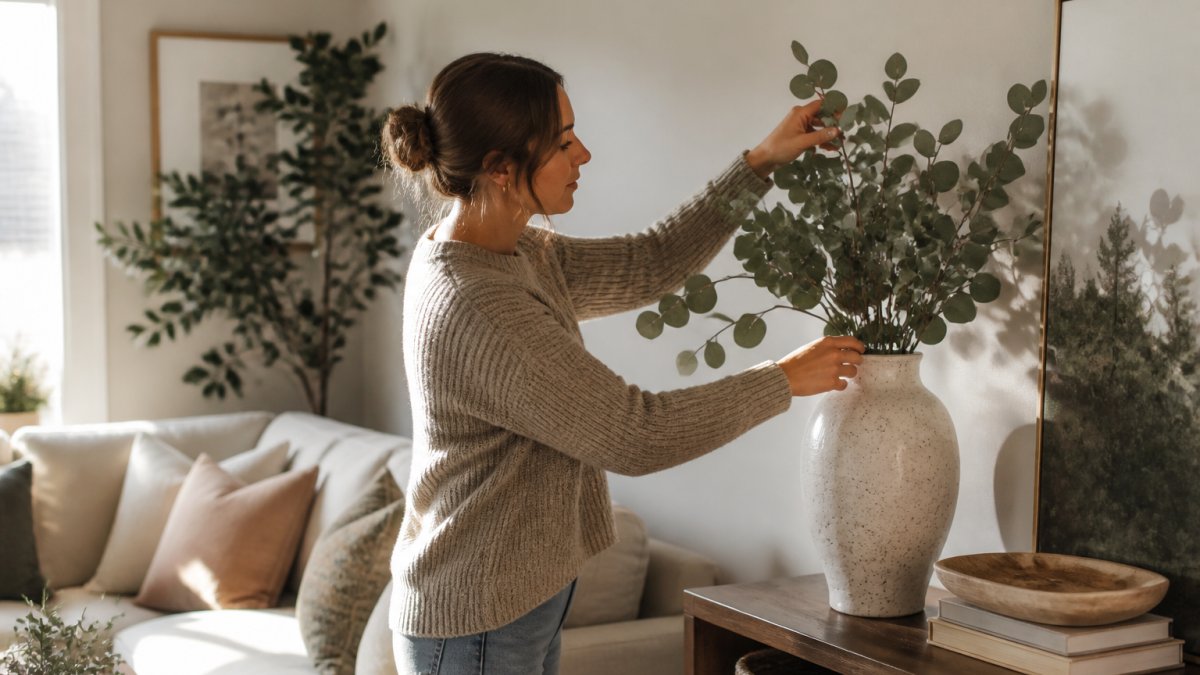 Infographic steps for arranging eucalyptus stems in a vase to create a natural look in a modern living room