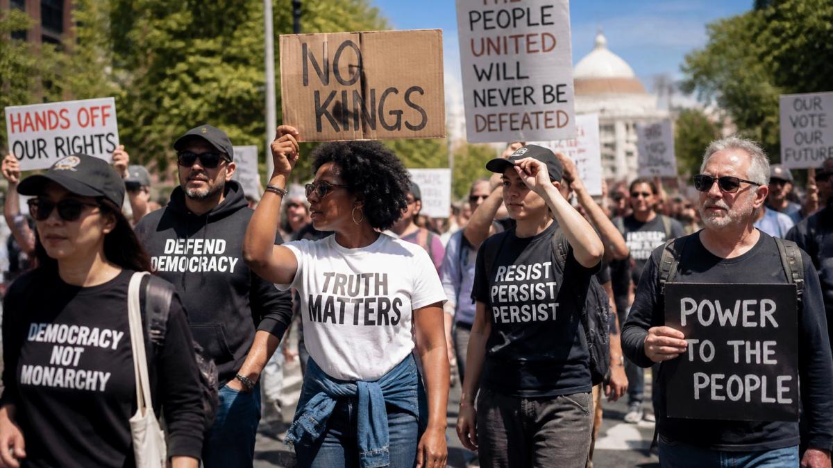 Diverse marchers in graphic tees and hoodies holding protest signs outdoors on a sunny day