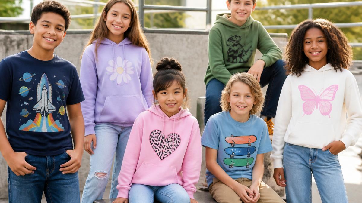 Group of kids wearing colorful graphic tees and hoodies posing outdoors in casual, trendy outfits showcasing different styles and age groups, natural daylight