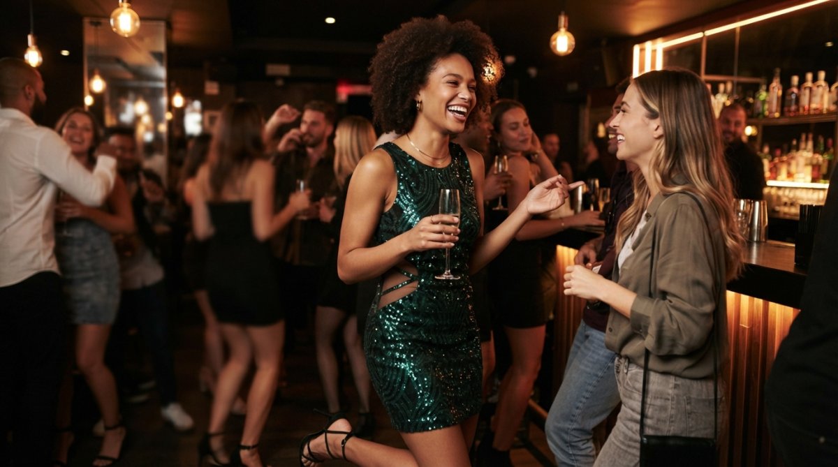 A confident woman wearing a shimmering sequin mini dress with strategic cut-out details, posed in an upscale nightclub setting with warm ambient lighting and reflective surfaces highlighting the dress's sparkle and silhouette