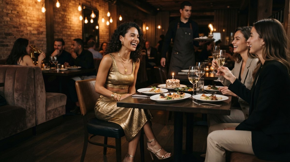 A woman styled in a shimmering metallic two-piece set with strappy heels and layered gold statement jewelry, positioned in an upscale restaurant or lounge setting with soft lighting, demonstrating how to accessorize a bold birthday look for an elevated venue